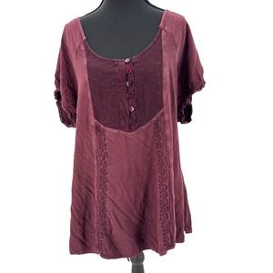 Gothic Romantic Maroon lace Tie-Back Embroidered Bohemian peasant top XL